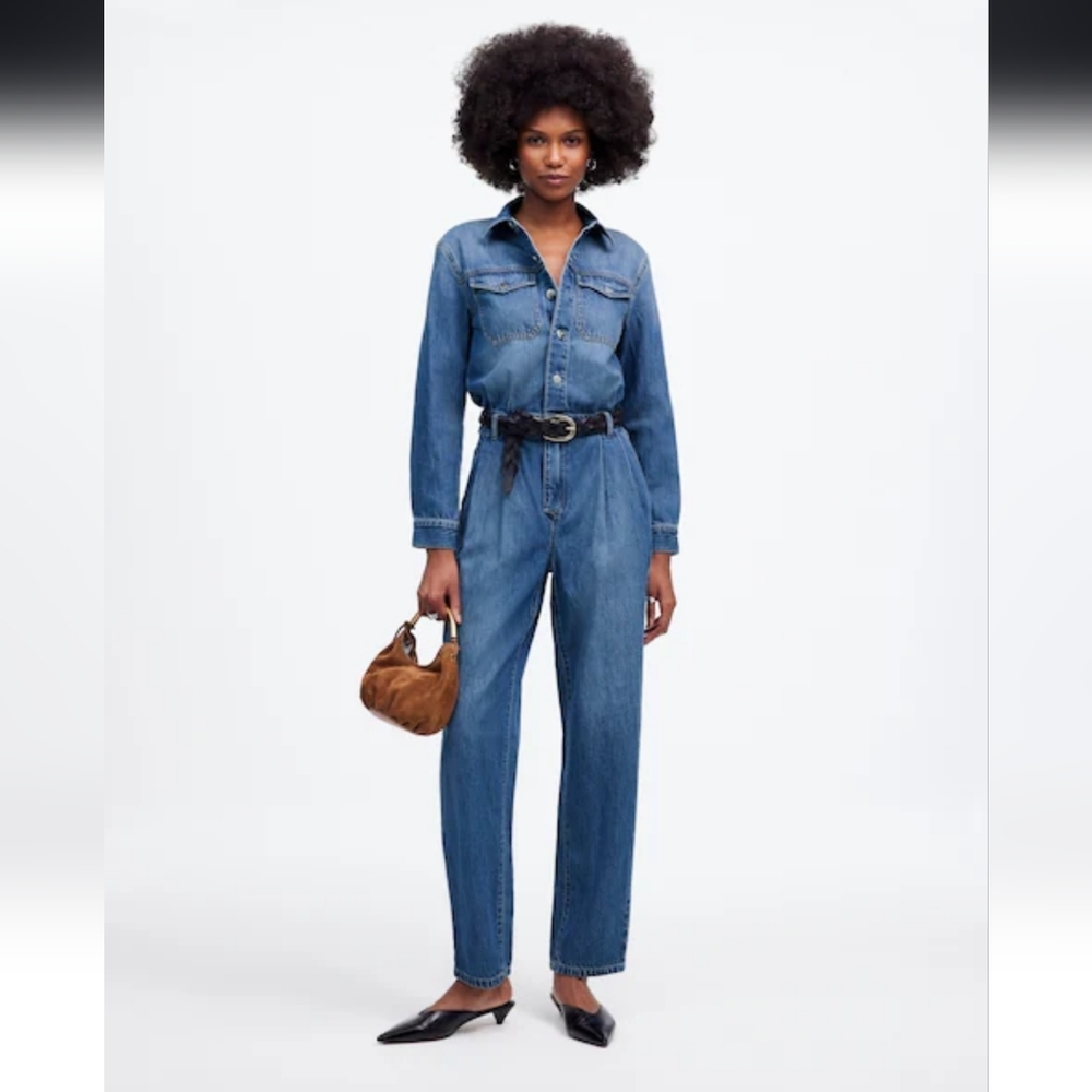 Madewell Pleated Cinched Waist Barrel Leg Airy Denim Long Sleeve Jumpsuit